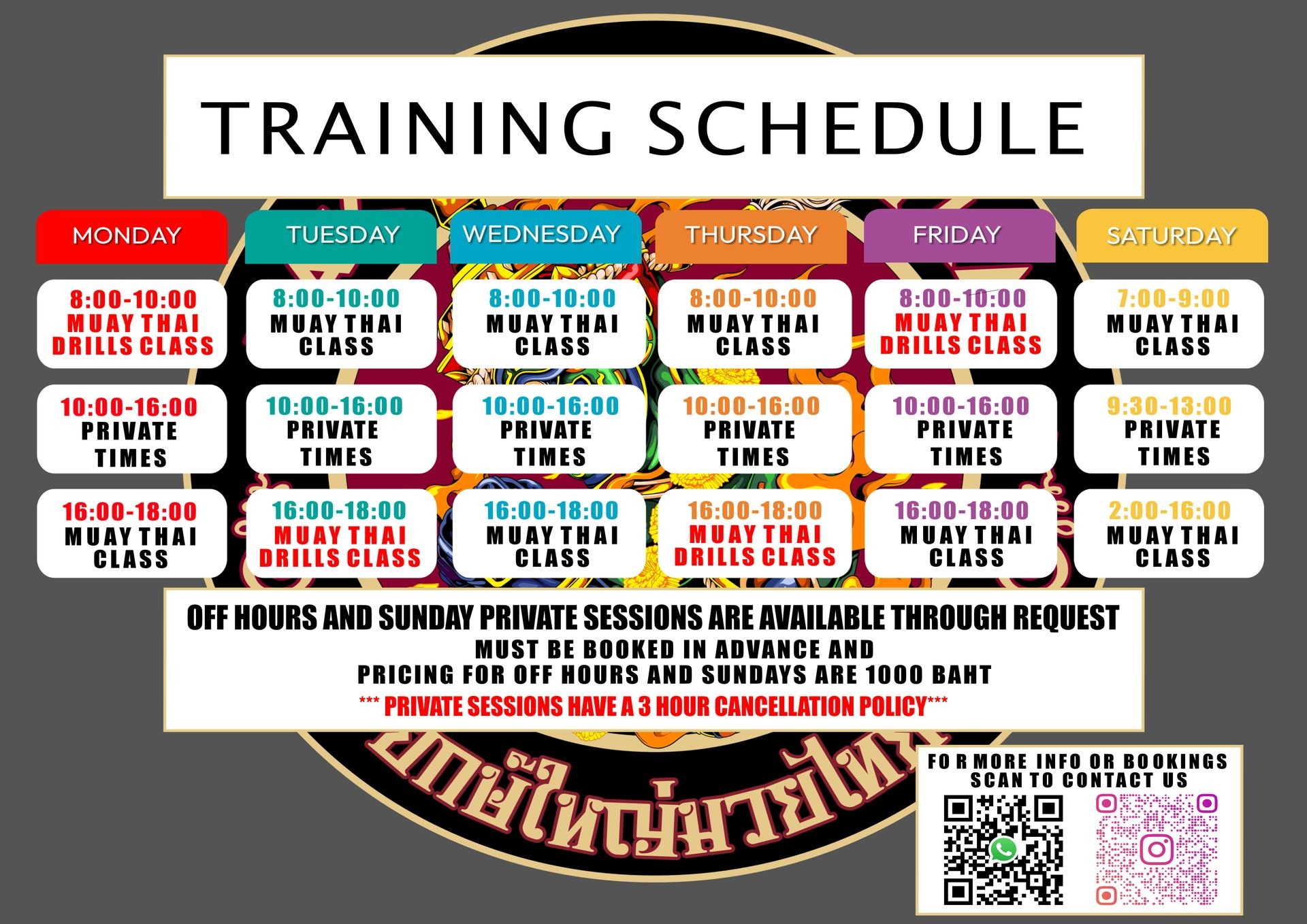 Training schedule showing Muay Thai and private session timings from Monday to Saturday in various time slots.