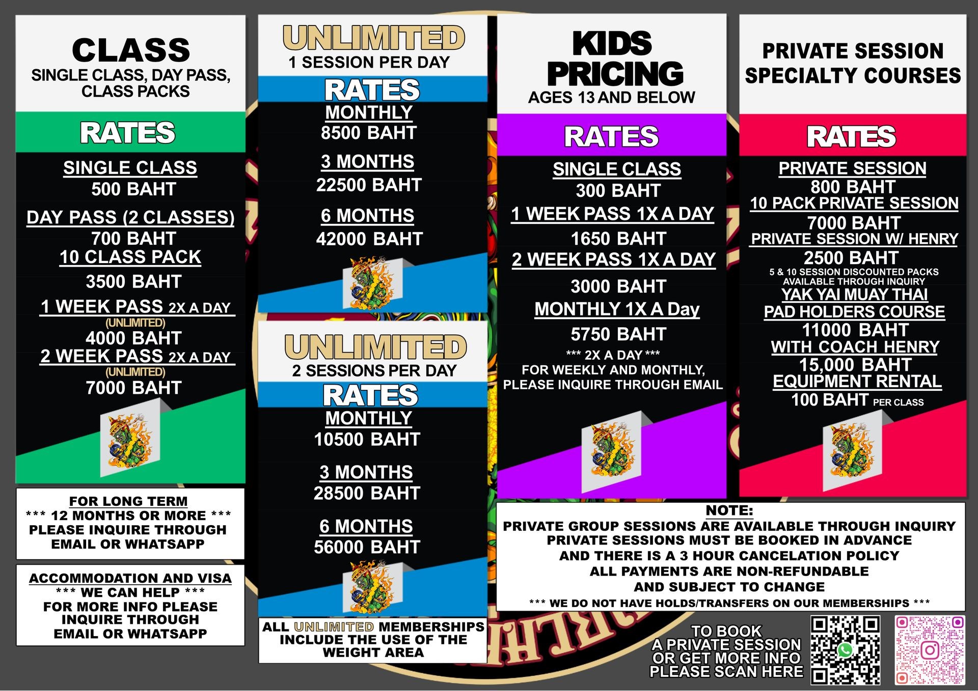 Pricing sheet for classes, unlimited sessions, kids, and private sessions in Baht currency.